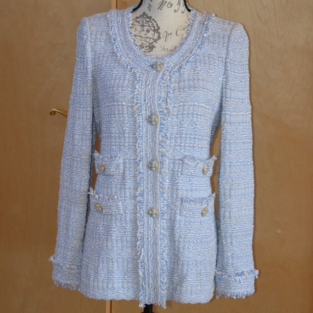St. John knit blue tweed fringe jacket, size 4?